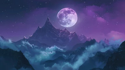 Muurstickers Night mountains landscape with moon light. Beauty nature background © buraratn