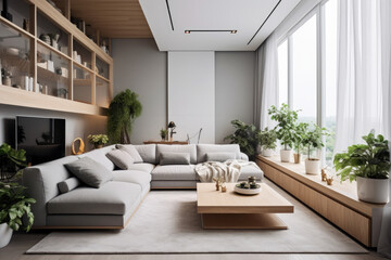 Fototapeta premium A modern one-room house design blending grey and white colors with the lushness of indoor plants and the convenience of smart technology for a sleek, contemporary living space.
