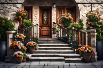Fototapeta na wymiar flowerpots with flowers at the staircase of the front porch with doors of the building faced with granite stone with wooden railings the exterior of the backyard architecture with bushes