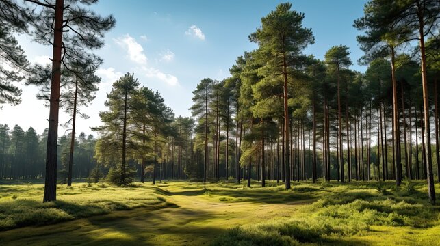 ultra realistic photo of beautiful nature with pine trees and sky, summer, soft sunlight breaks through the pine trees, a clearing in front of the forest