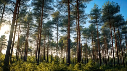 Fototapeta na wymiar ultra realistic photo of beautiful nature with pine trees and sky, summer, soft sunlight breaks through the pine trees, a clearing in front of the forest