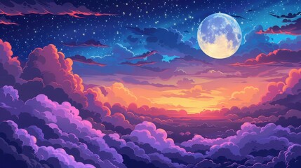 Fototapeta premium Romantic Moon In Starry Night Over Clouds