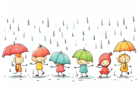 Cartoon cute doodles of a springtime rain shower, with characters happily splashing in puddles and enjoying the rain, Generative AI 04