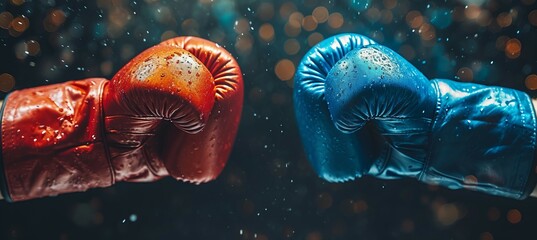 Red and blue boxing gloves fist punch. Symbolizes the presidential election democracy choice. Generative AI technology. - obrazy, fototapety, plakaty