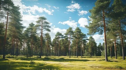 ultra realistic photo of beautiful nature with pine trees and sky, summer, soft sunlight breaks through the pine trees, a clearing in front of the forest