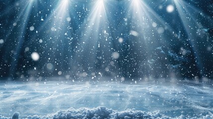 Snow and ice background.Empty ice rink illuminated by spotlights