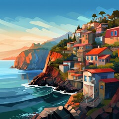 Illustration of serene coastal village