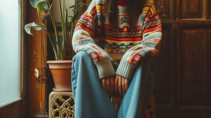 Fototapeta na wymiar A cozy and oversized sweater with a kitschy intarsia knit pattern paired with mom jeans and chunky loafers for a casual 70sinspired vibe.