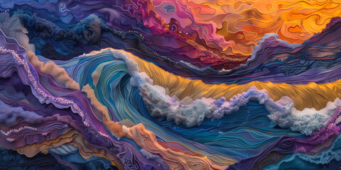 Breaking colorful ocean wave falling down at sunset time. Colorful yellow, teal, turquoise, purple, blue ocean waves. Sunset view with copy space for text by Vita - obrazy, fototapety, plakaty