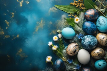 Fototapeta na wymiar Beautiful composition of easter eggs and flowers in varying shades of blue for a festive celebration