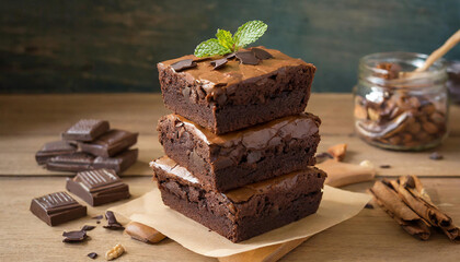 A stack of chocolate brownies on wooden background, homemade bakery and dessert - obrazy, fototapety, plakaty