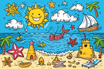 Naklejka premium Cartoon cute doodles of a summer beach day, with characters building sandcastles, playing beach volleyball, and enjoying the waves, Generative AI