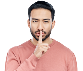 Secret, finger and portrait of man with privacy, silence and confidential for information. Asian male person, emoji and shush or whisper the gossip, mystery and isolated on transparent png background