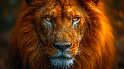 Naklejka premium Regal Lion Close-Up with Fierce Gaze Portrait