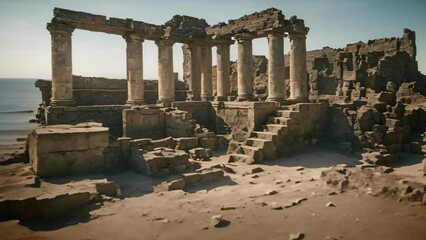 Take a factual tour of the ancient city, exploring its remarkable ruins and historical significance, A mystical scene of the ocean bed with ancient sunken ruins dormant for centuries, AI Generated