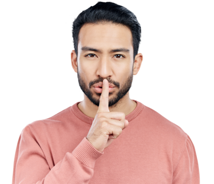 Secret, finger and portrait of man with privacy, silence and confidential for information. Asian male person, emoji and shush or whisper the gossip, mystery and isolated on transparent png background