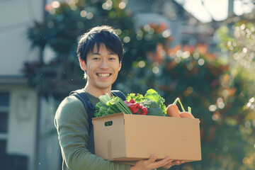 A young smiling Asian man carries a cardboard box with vegetables, Sunny bogeh sunny background. Green organic vegetable concept.