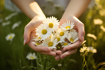 Obraz na płótnie Canvas Hands Gently Holding Freshly Picked Chamomile Flowers. Nature's Delicate Touch and Herbal Wellness Concept