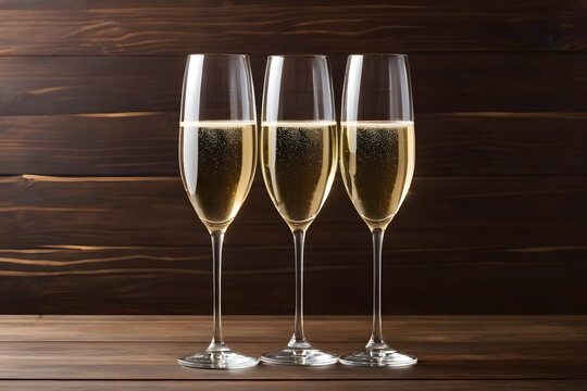 Three glasses of champagne on a simple wooden background, Valentine's Day, Christmas. Generative AI