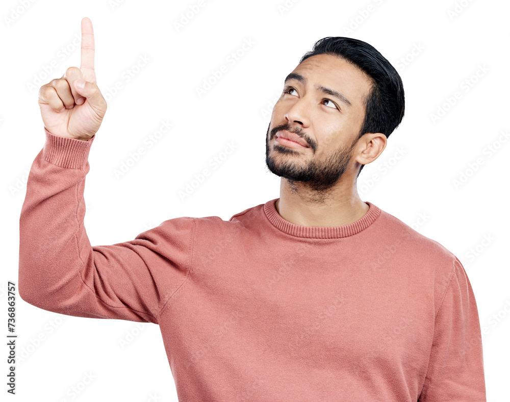 Poster man, face and pointing to announcement or information for advertising, marketing and promotion with 