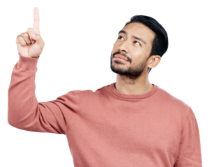 Man, face and pointing to announcement or information for advertising, marketing and promotion with direction. Choice, decision and person with hand gesture isolated on a png transparent background