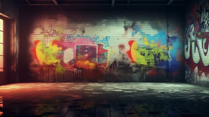 3D render of an empty room with graffiti on the walls.