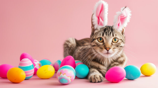 Cute cat wearing bunny ears headband studio shot background surrounding by easter eggs, easter celebration concept