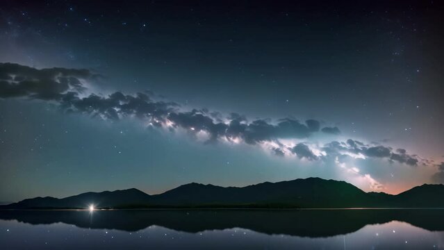 a long exposure of the night sky over a serene lake, showcasing the movement of stars and the reflection on the water, A time-lapse video of the Milky Way galaxy, AI Generated