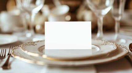 Table place setting blank menu card mockup or reserve in wedding invite and special event