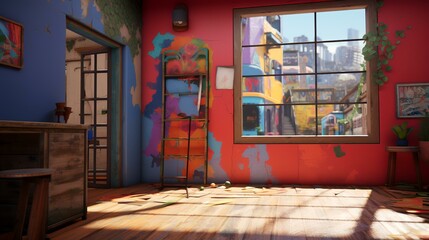 3D rendering of an empty room with a colorful wall and wooden floor