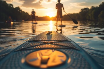 Someone is standing on a paddle board in the water