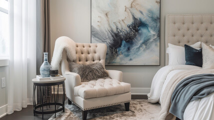 A cozy corner in a bedroom perfect for relaxation. A tufted armchair is paired with a plush faux fur rug and a side table topped with a scented candle. A large piece of abstract