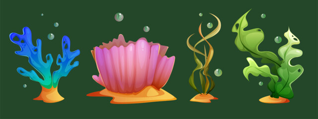 Obraz premium Seaweed and coral cartoon set. Vector illustration collection of different underwater ocean plant and reef. Marine or aquarium bottom tropical bright creatures. exotic undersea flora elements.
