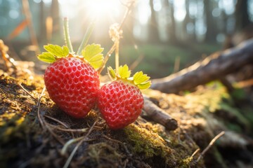 Ripe wild strawberries growing abundantly in the forest on a beautifully sunny day - obrazy, fototapety, plakaty