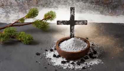 cross on the table, Christian cross and ash as symbol of religion, sacrifice, redemption of Jesus Christ. Ash Wednesday concept