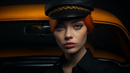 Close-up portrait of a proud female taxi driver in a cap near a yellow car.