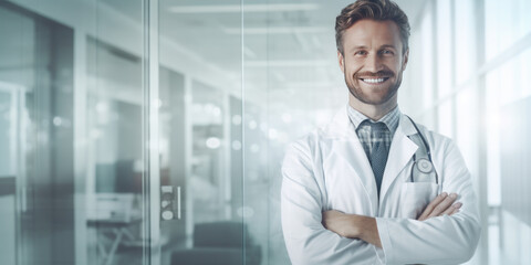 photography of Smiling doctor posing with arms crossed or thinking in the office , on white background , copy space