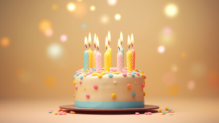 Celebration birthday cake with candles on a soft color background