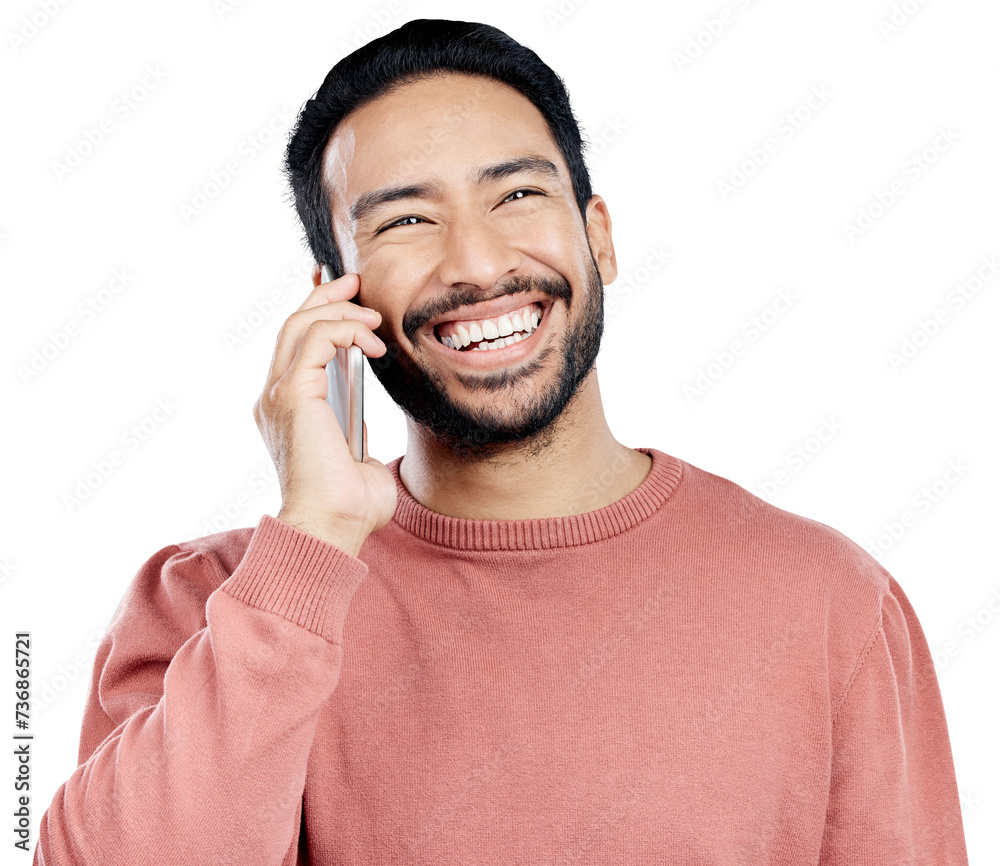 Poster man, phone call and happy for communication, networking and isolated on transparent png background. 