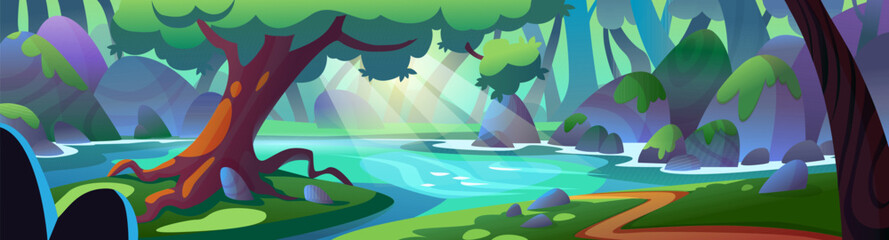 Summer forest landscape with lake or river, stones and trees on shore, sumlight rays. Cartoon vector scenery with water in pond or stream, green grass and woods, ground pathway on sunny day.
