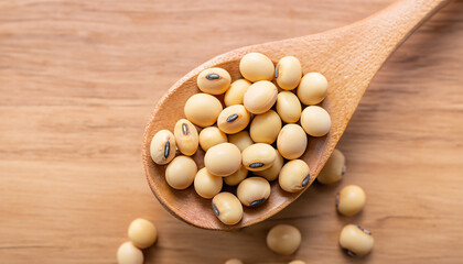 Fototapeta na wymiar Raw soy beans in a spoon on a wooden table, top view background