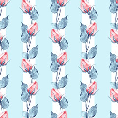 Pattern of watercolor rose flowers. Blue striped background