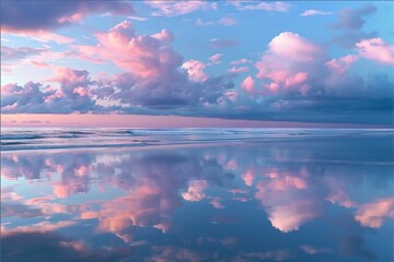 Seaside Reflections: Capture the serene beauty of a calm, reflective moment at the beach, with the soft, pastel colors of the sky and clouds mirrored in the tranquil waters,nature