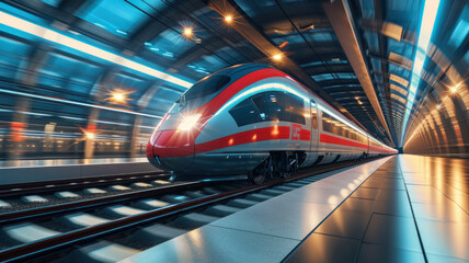 fast modern express passenger train high speed railway hyperloop moving flash light Futuristic technology hi tech future digital transport hyperloop concept - Powered by Adobe