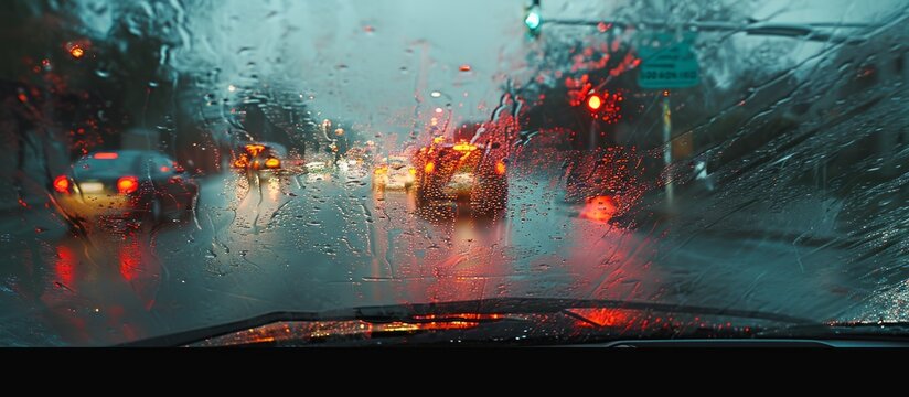 A vehicle is traveling on a wet asphalt road in the rain, its automotive lighting piercing through the liquid on the surface with automotive tires gripping the road