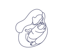 Vector Illustration Of Mother Holding Baby In Arms. Black and white line drawing. Happy Mother`s Day Greeting Card.