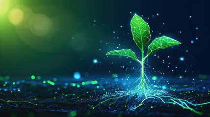 Seedling growth in a futuristic polygonal style. Green business development concept - obrazy, fototapety, plakaty