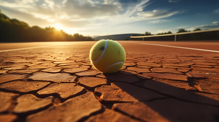 Professional photo of tennis court, racket and ball staged - obrazy, fototapety, plakaty