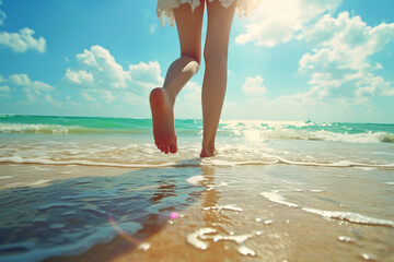 Women's legs on the beach near the sea. Travel concept. AI generated, human enhanced