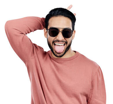 Man, portrait and tongue out with or funny face or silly comedy, bunny ears or happiness. Asian person, smile and sunglasses in Japan or isolated transparent png background, humor expression or goofy